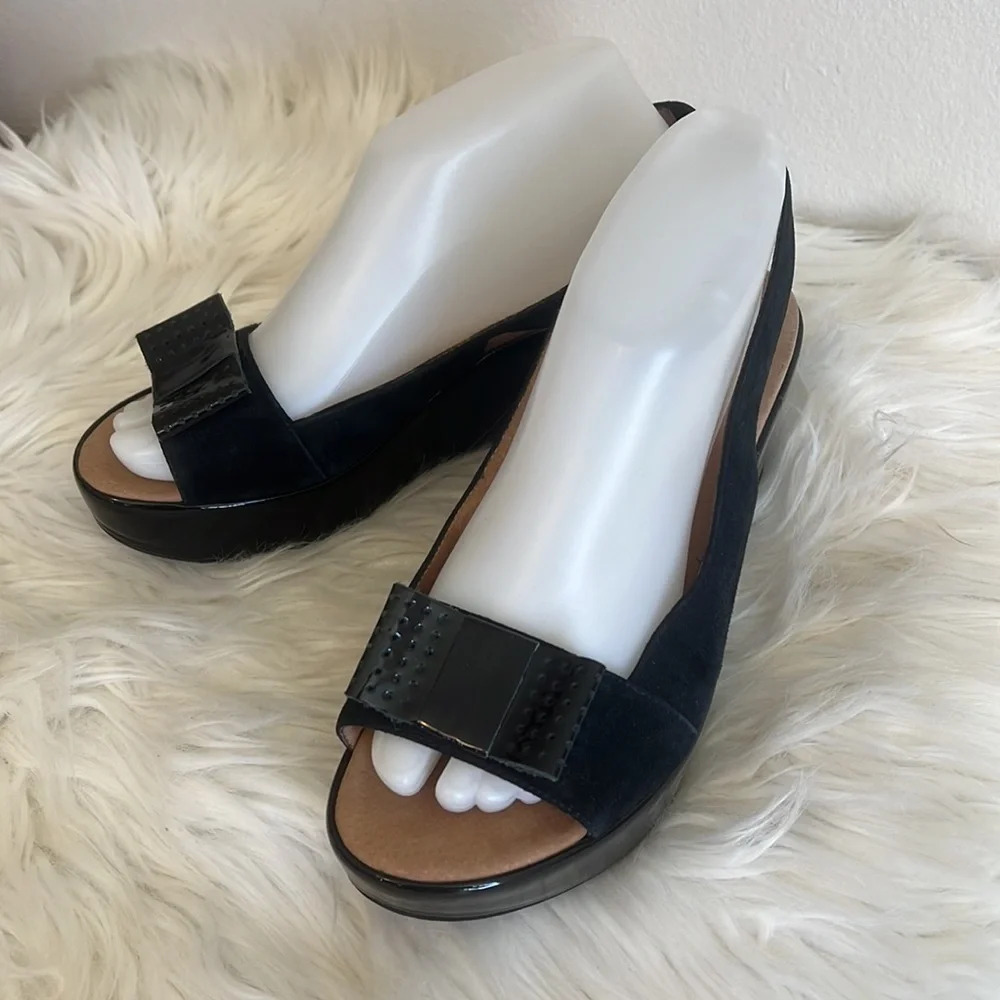 Hobbs London Black Suede And Patent Leather Slingback Wedge Sandals Sz-8/38 - Picture 2 of 9